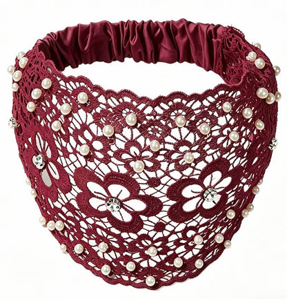 Wide Lace Pearl Headband – Elegant Floral Hair Band with Stretch Back.