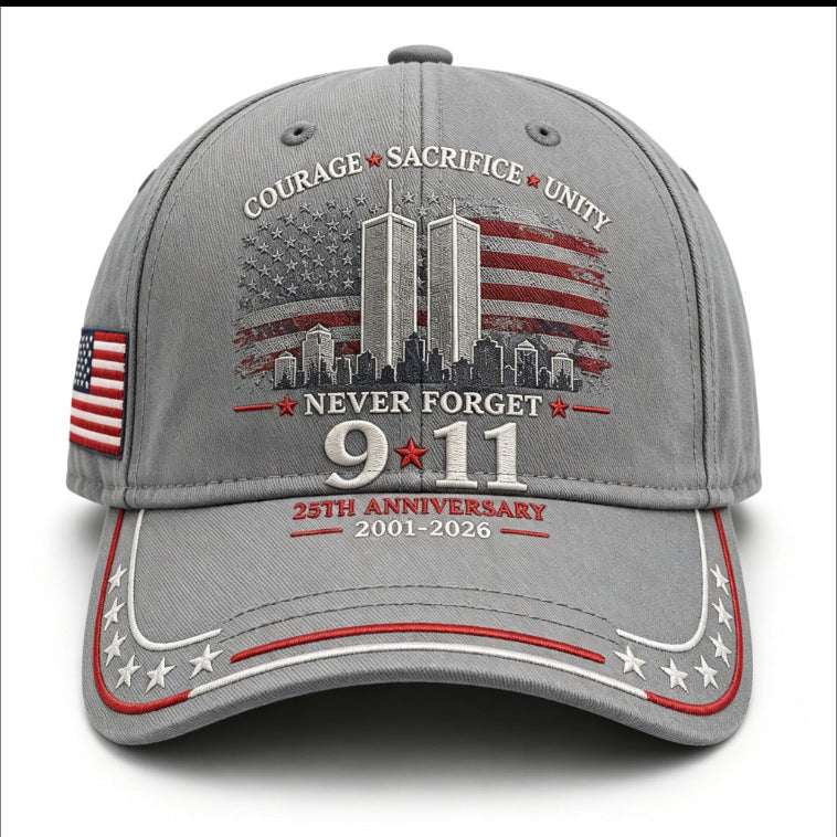 Never Forget 9/11 25th Anniversary Commemorative Cap — 8 Colors, Courage Sacrifice Unity