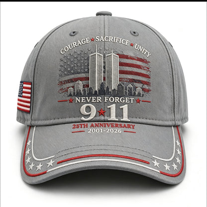 Never Forget 9/11 25th Anniversary Commemorative Cap — 8 Colors, Courage Sacrifice Unity