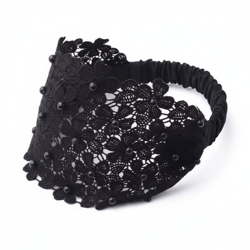 Wide Lace Pearl Headband – Elegant Floral Hair Band with Stretch Back.
