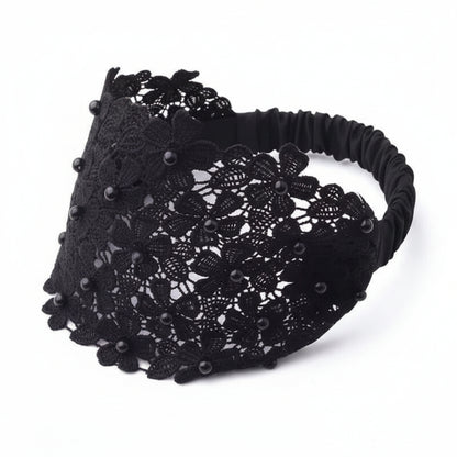 Wide Lace Pearl Headband – Elegant Floral Hair Band with Stretch Back.