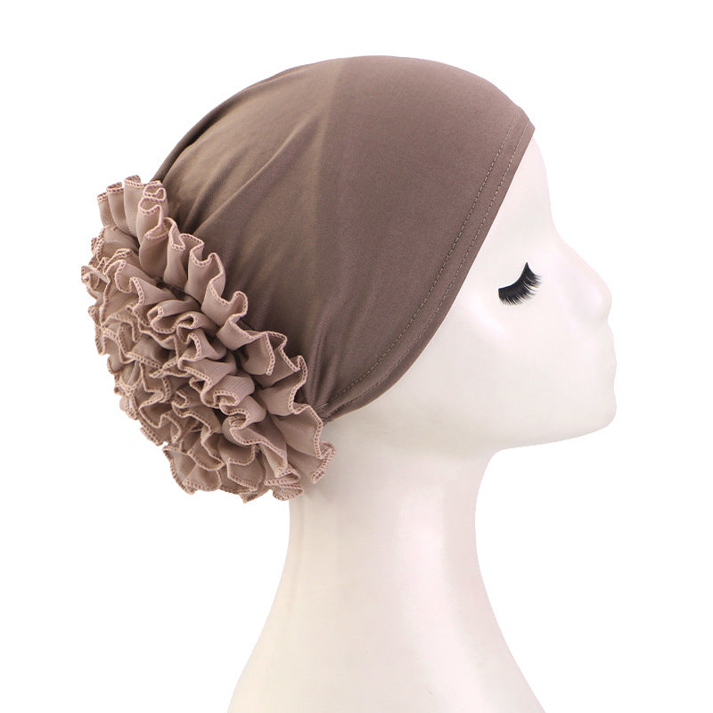 Women’s Pre-Tied Ruffle Flower Turban Hat – Stretch Full-Coverage Headscarf Cap