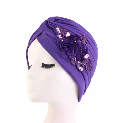 Women's Elegant Floral Sequin Turban Hat – Pleated Headwrap for Church & Everyday Wear