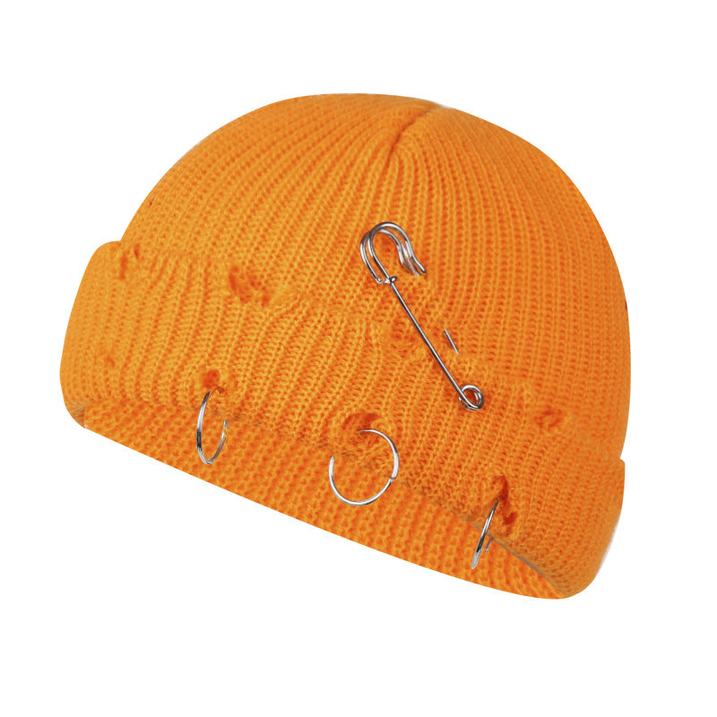 Distressed Knit Beanie with Safety Pin & Metal O-Ring — 8 Colors