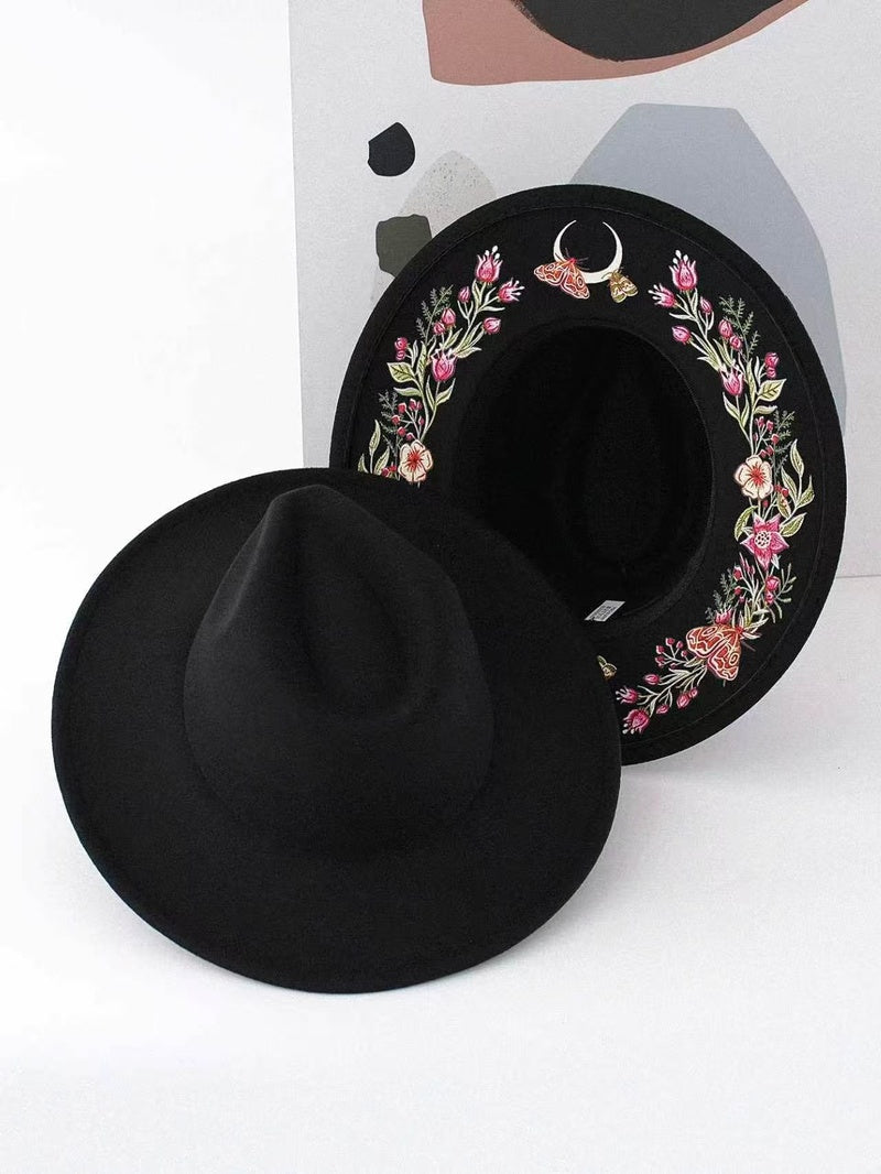 Embroidered Wide Brim Western Hat — Hidden Under-Brim Art, 9 Mystical Designs