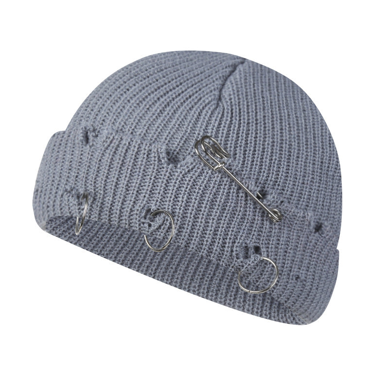 Distressed Knit Beanie with Safety Pin & Metal O-Ring — 8 Colors