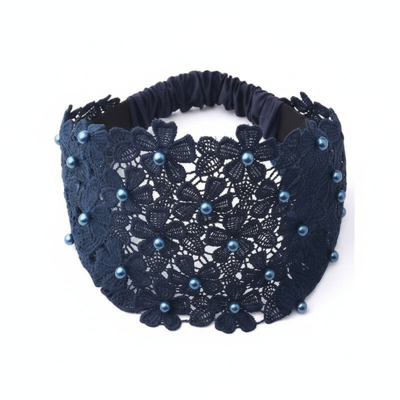 Wide Lace Pearl Headband – Elegant Floral Hair Band with Stretch Back.