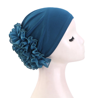 Women’s Pre-Tied Ruffle Flower Turban Hat – Stretch Full-Coverage Headscarf Cap