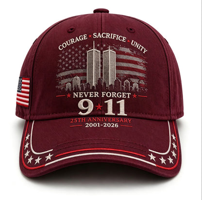 Never Forget 9/11 25th Anniversary Commemorative Cap — 8 Colors, Courage Sacrifice Unity