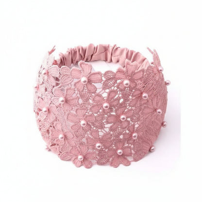 Wide Lace Pearl Headband – Elegant Floral Hair Band with Stretch Back.