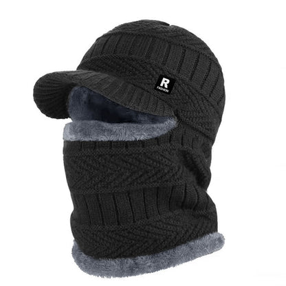 Winter Knit Hat with Visor Face Cover & Neck Warmer