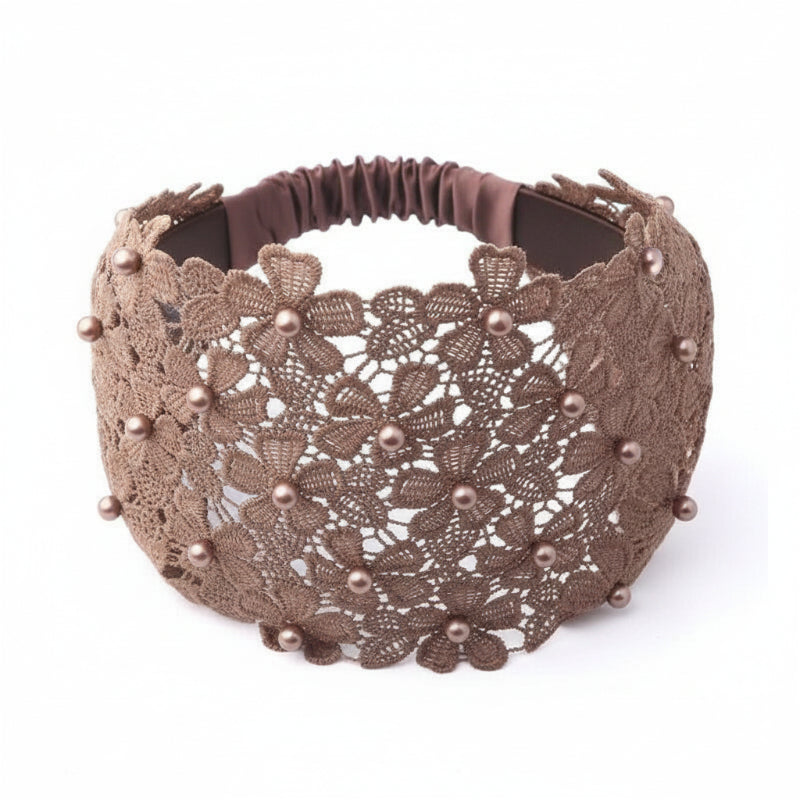 Wide Lace Pearl Headband – Elegant Floral Hair Band with Stretch Back.