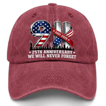 Never Forget 9/11 25th Anniversary Commemorative Cap — 8 Colors, Courage Sacrifice Unity