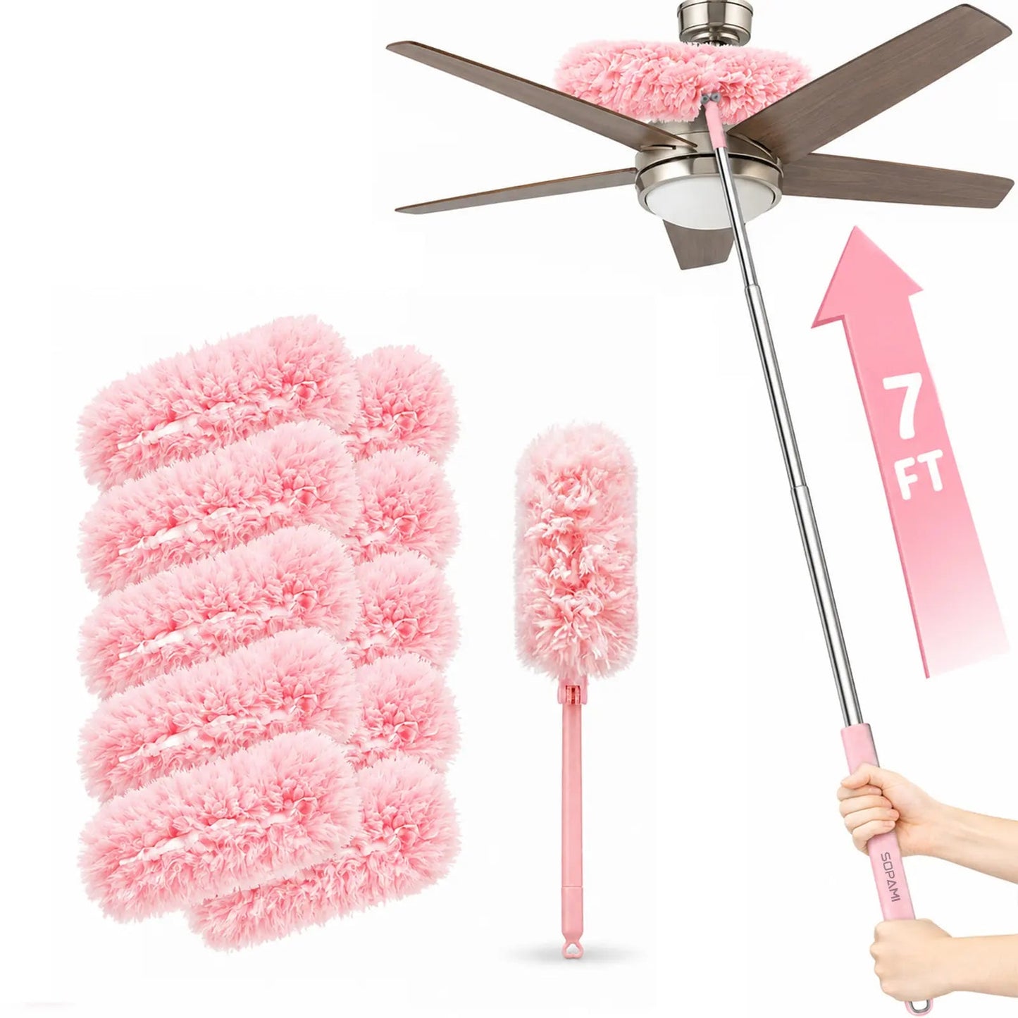 7.4ft Extendable Disposable Duster, 360° Bendable Y-Head Non-Woven Dust Brush, Anti-Twist Telescopic Handle for Ceiling Fan, Air Vents & Pet Hair