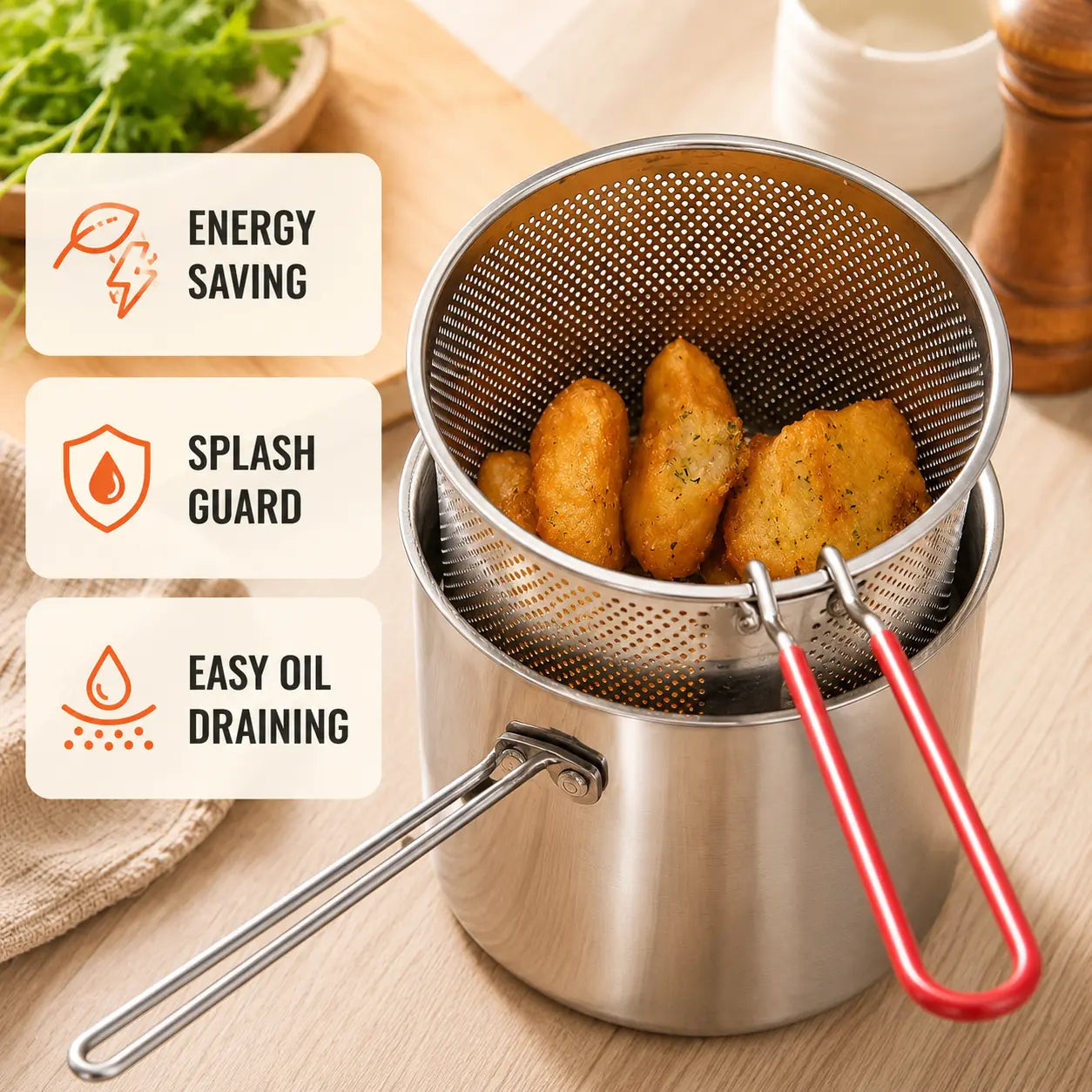 Stainless Steel Deep Fryer Pot with Frying Basket, Oil-Saving Deep Frying Pan with Handle for Home Kitchen