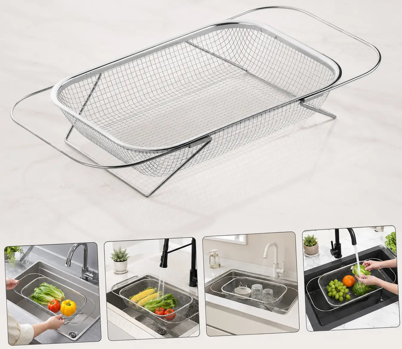 💛 Your Handy Kitchen Helper! 🥬 Expandable Over‑Sink Stainless Steel Colander Basket, Easy Fruit & Vegetable Washing for Family Daily Use 🍓