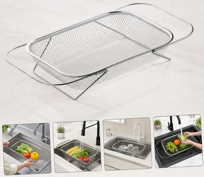 💛 Your Handy Kitchen Helper! 🥬 Expandable Over‑Sink Stainless Steel Colander Basket, Easy Fruit & Vegetable Washing for Family Daily Use 🍓