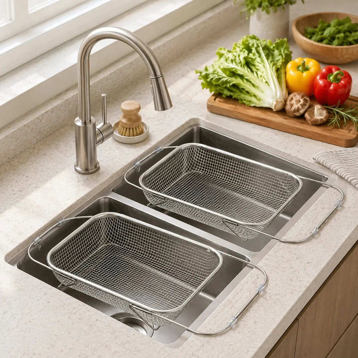 💛 Your Handy Kitchen Helper! 🥬 Expandable Over‑Sink Stainless Steel Colander Basket, Easy Fruit & Vegetable Washing for Family Daily Use 🍓