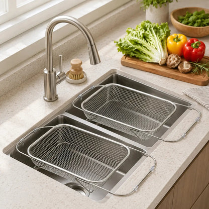 💛 Your Handy Kitchen Helper! 🥬 Expandable Over‑Sink Stainless Steel Colander Basket, Easy Fruit & Vegetable Washing for Family Daily Use 🍓