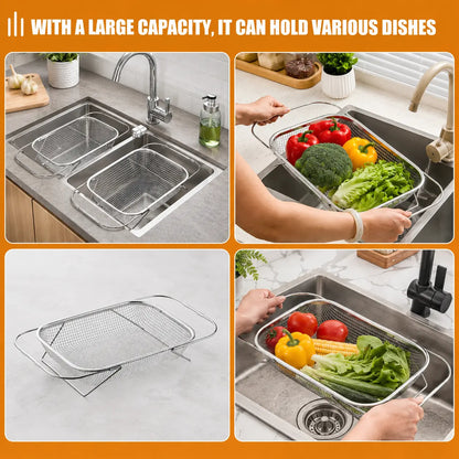 💛 Your Handy Kitchen Helper! 🥬 Expandable Over‑Sink Stainless Steel Colander Basket, Easy Fruit & Vegetable Washing for Family Daily Use 🍓