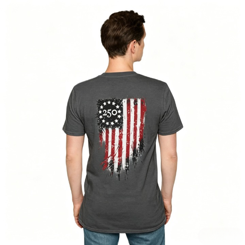 America 250th Patriotic T-Shirt | Vintage Distressed Flag & Revolutionary Soldier Graphic