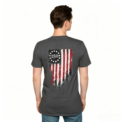 America 250th Patriotic T-Shirt | Vintage Distressed Flag & Revolutionary Soldier Graphic