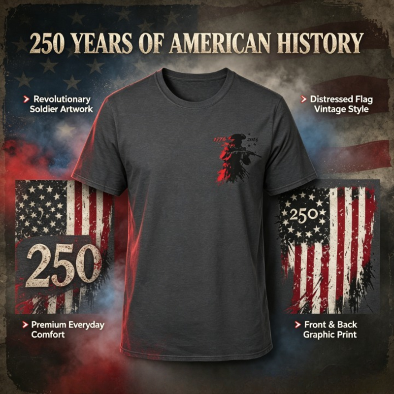 America 250th Patriotic T-Shirt | Vintage Distressed Flag & Revolutionary Soldier Graphic