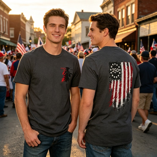 America 250th Patriotic T-Shirt | Vintage Distressed Flag & Revolutionary Soldier Graphic