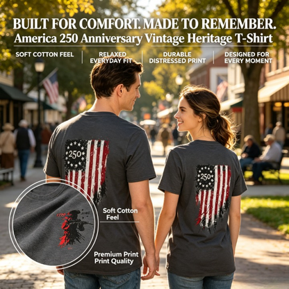 America 250th Patriotic T-Shirt | Vintage Distressed Flag & Revolutionary Soldier Graphic
