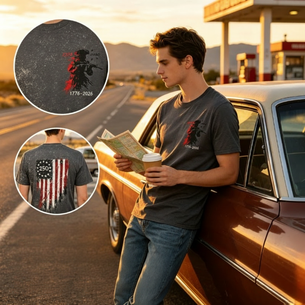 America 250th Patriotic T-Shirt | Vintage Distressed Flag & Revolutionary Soldier Graphic
