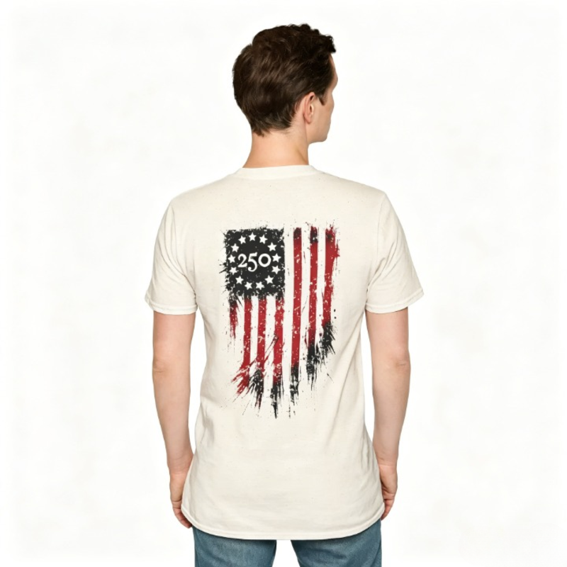 America 250th Patriotic T-Shirt | Vintage Distressed Flag & Revolutionary Soldier Graphic