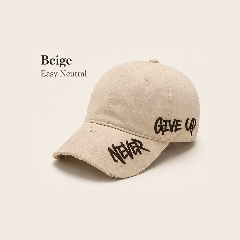 Never Give Up Distressed Vintage Cap – Embroidered Streetwear Baseball Hat