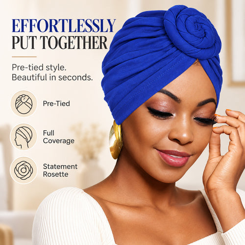 🌹 Pre-Tied Rosette Turban Cap | Effortless Headwrap Style