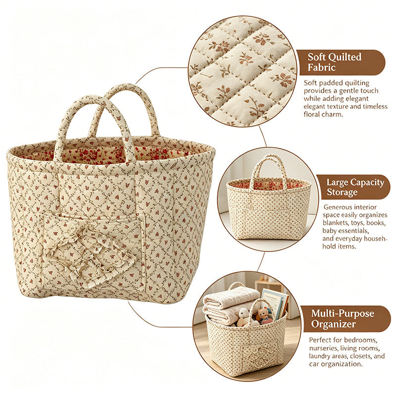 Floral Quilted Storage Basket – Machine Washable, Large Capacity Storage for Home & Car