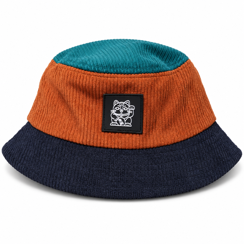 ✨ Colorblock Bucket Hat | Retro Lucky Cat Patch Travel Hat