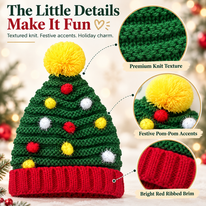 Christmas Knit Beanie Hat for Adults – Festive Tree & Striped Pom-Pom Styles