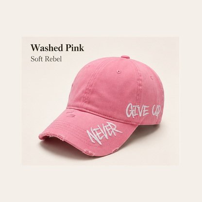 Never Give Up Distressed Vintage Cap – Embroidered Streetwear Baseball Hat