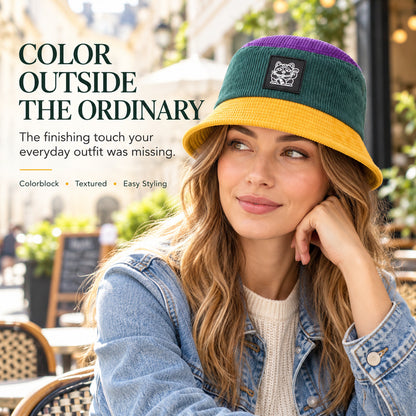 ✨ Colorblock Bucket Hat | Retro Lucky Cat Patch Travel Hat