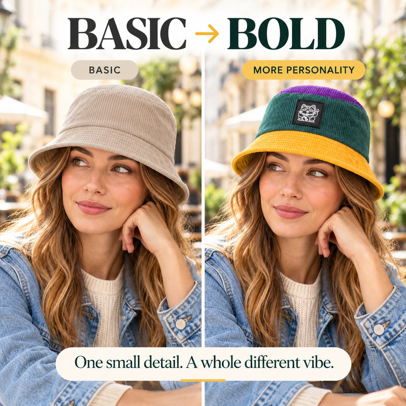 ✨ Colorblock Bucket Hat | Retro Lucky Cat Patch Travel Hat