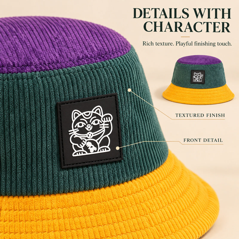 ✨ Colorblock Bucket Hat | Retro Lucky Cat Patch Travel Hat