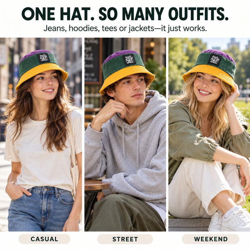 ✨ Colorblock Bucket Hat | Retro Lucky Cat Patch Travel Hat