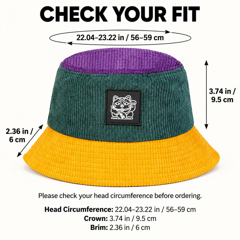 ✨ Colorblock Bucket Hat | Retro Lucky Cat Patch Travel Hat