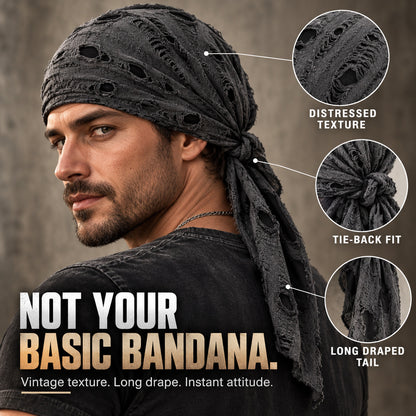Retro Distressed Tie-Back Head Wrap – Vintage Ripped Long Tail Headscarf