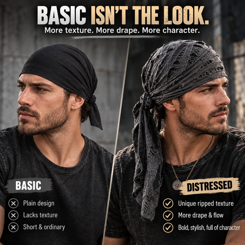 Retro Distressed Tie-Back Head Wrap – Vintage Ripped Long Tail Headscarf