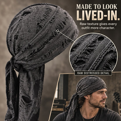 Retro Distressed Tie-Back Head Wrap – Vintage Ripped Long Tail Headscarf