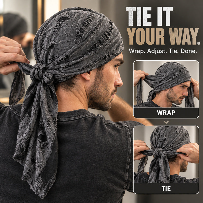 Retro Distressed Tie-Back Head Wrap – Vintage Ripped Long Tail Headscarf