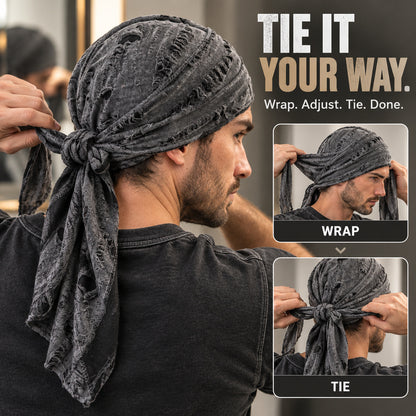 Retro Distressed Tie-Back Head Wrap – Vintage Ripped Long Tail Headscarf