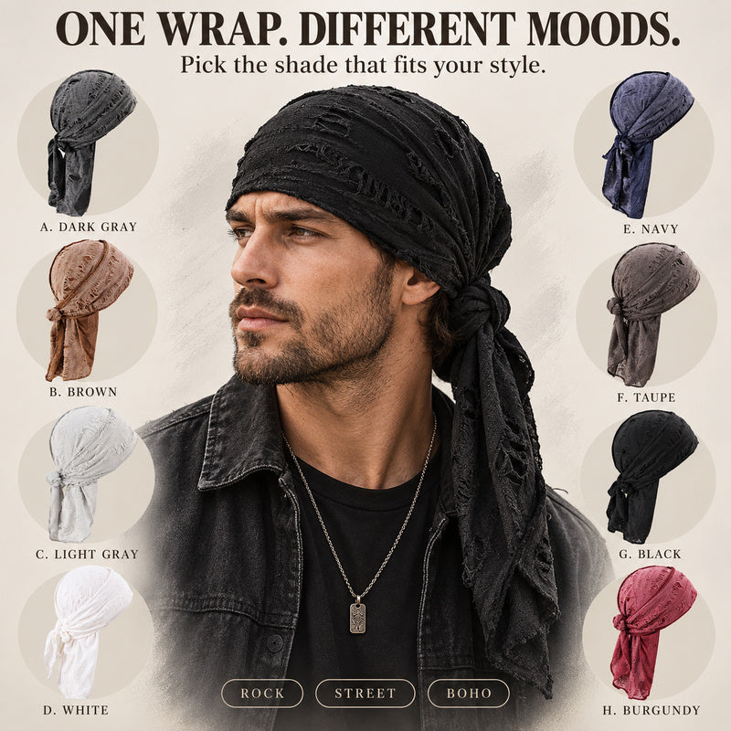 Retro Distressed Tie-Back Head Wrap – Vintage Ripped Long Tail Headscarf