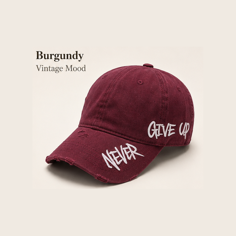 Never Give Up Distressed Vintage Cap – Embroidered Streetwear Baseball Hat