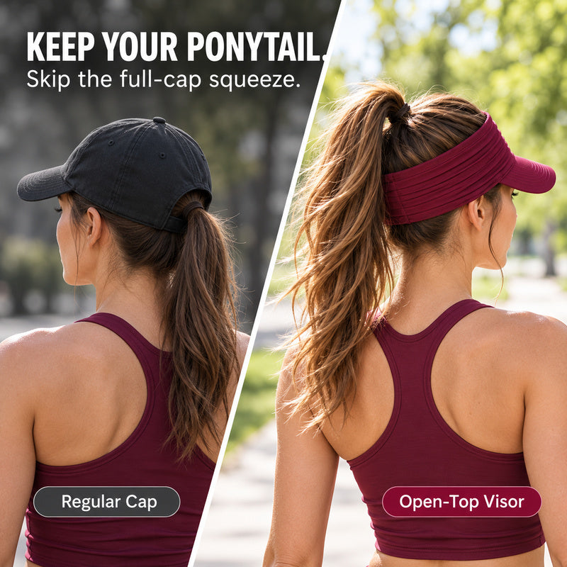 Open-Top Sports Visor Hat – Pleated Ponytail-Friendly Sun Visor